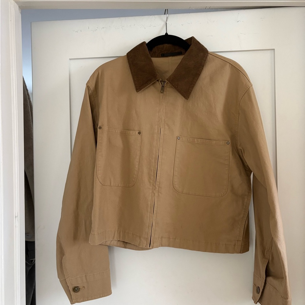 Uniqlo Women's Beige Utility Jacket with Dark Brown Collar - Picture 2 of 2